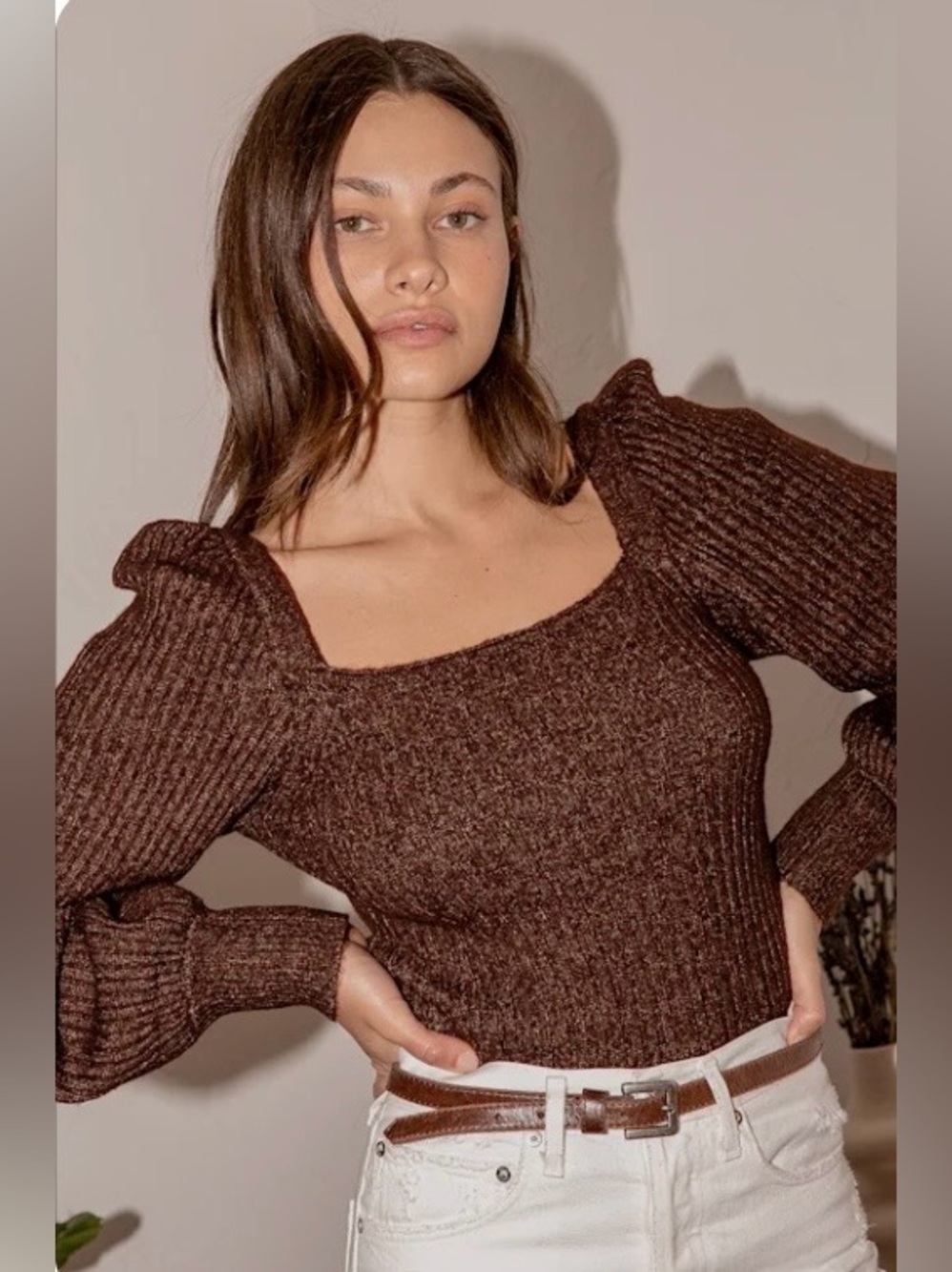 LULUS, Brown Ribbed Knit Balloon Sleeve Sweater, Size XS